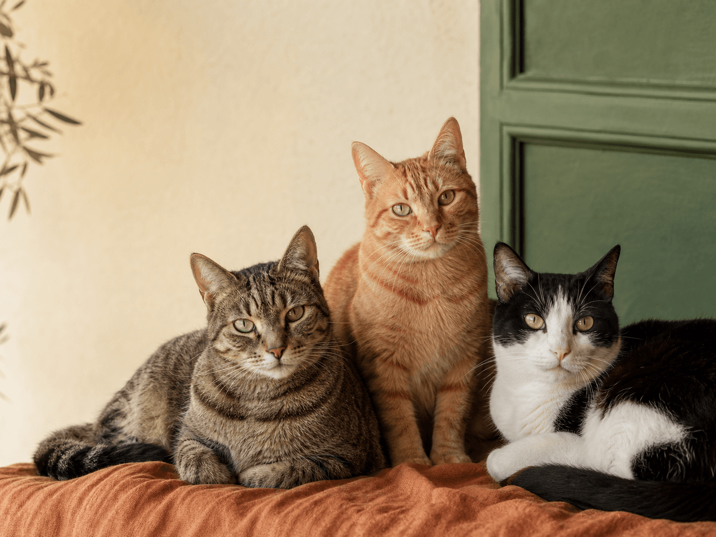 Tre gatti accolti insieme in un ambiente curato